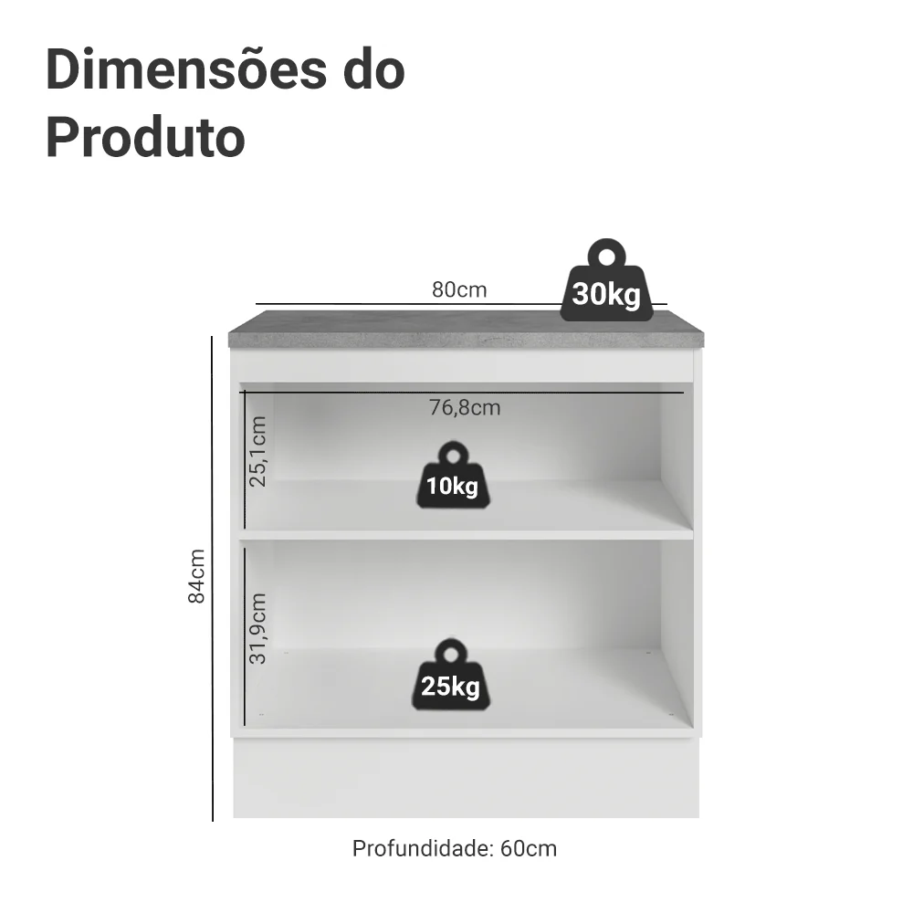 Balcão 80 x 60 cm 2 Portas (Com Tampo) Branco/Branco Veludo Lux Madesa - Image 2