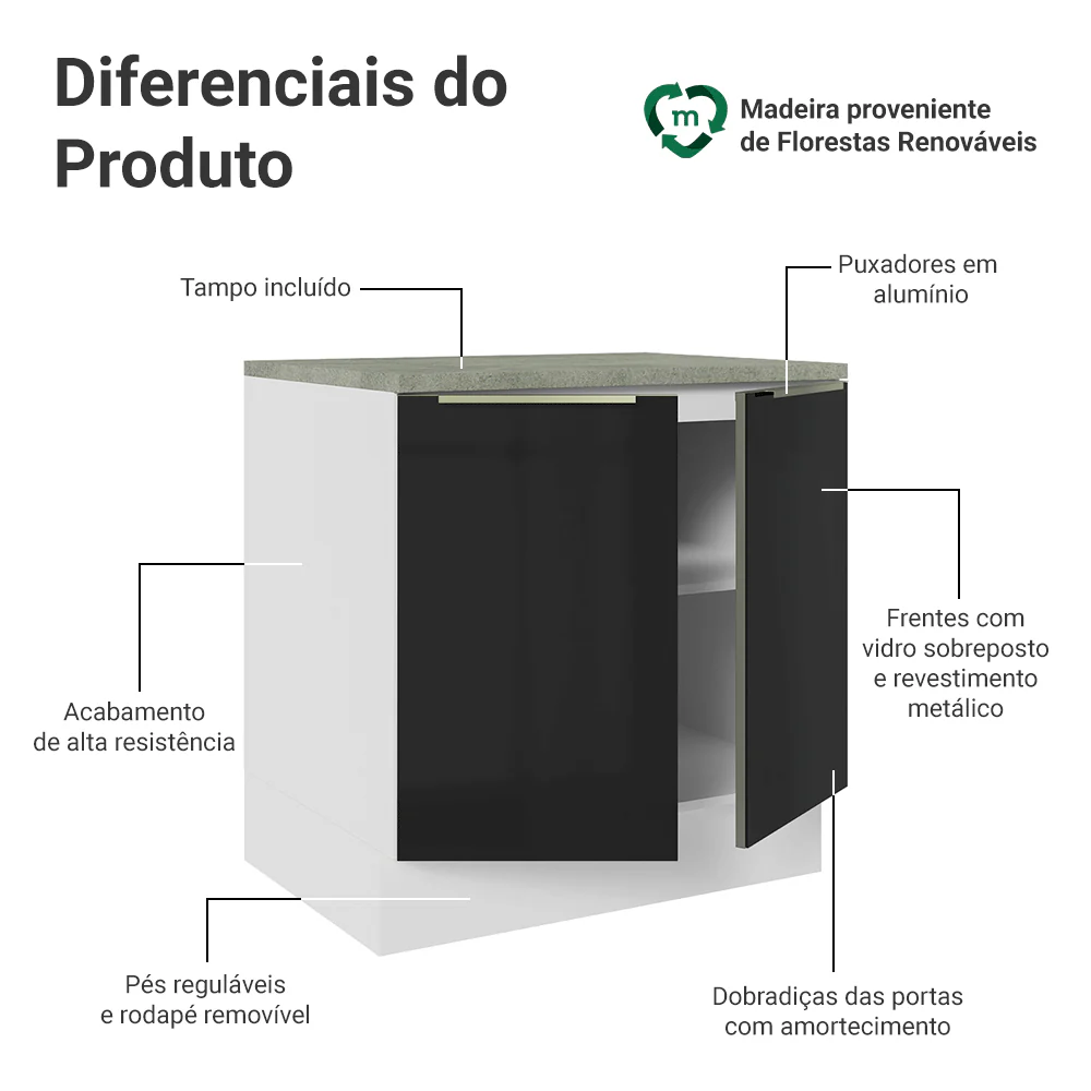 Balcão 80 x 60 cm 2 Portas (Com Tampo) Branco/Preto Lux Madesa - Image 3