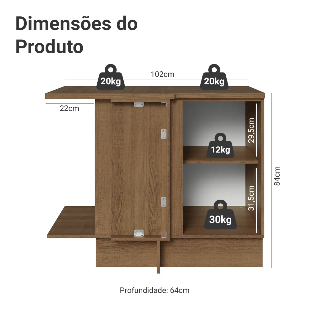 Balcão de Canto 1 Porta 60 cm Profundidade (Com Tampo) Rustic/Crema Agata Madesa - Image 2