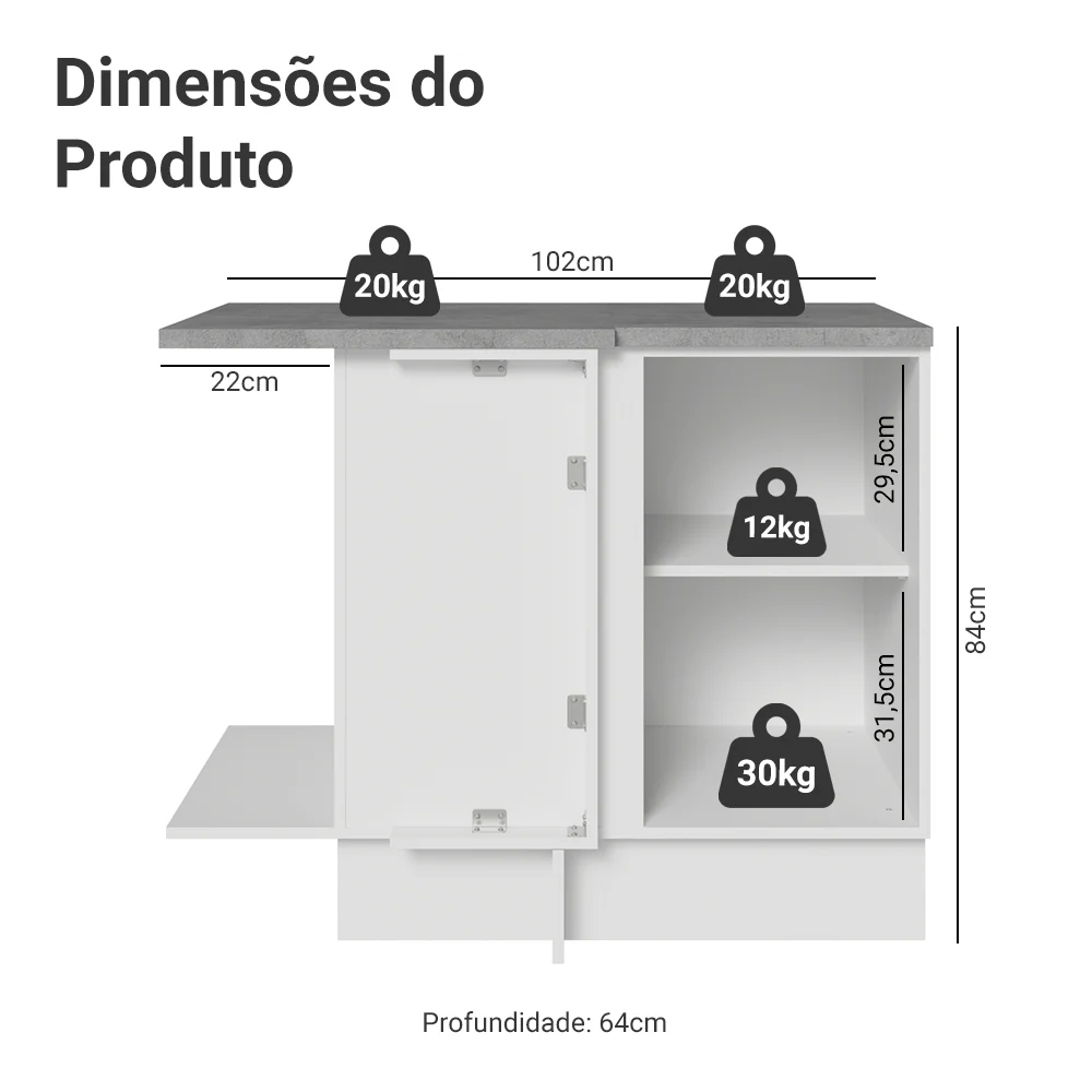 Balcão de Canto para Linha de 60 cm Profundidade (Com Tampo) Branco Vik Madesa - Image 2
