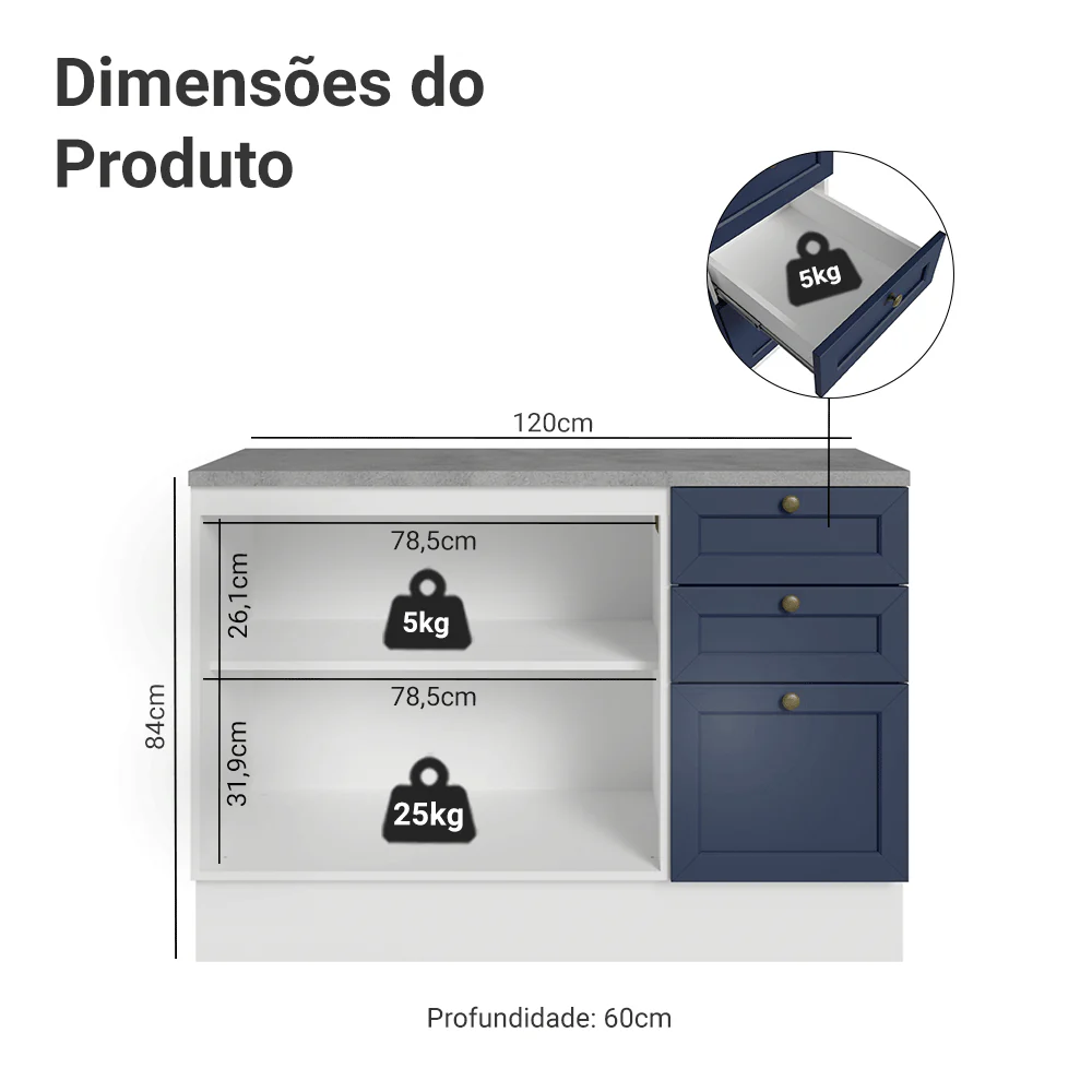 Balcão de Cozinha 120 x 60 cm 2 Portas 3 Gavetas (Com Tampo) Branco/Azul Vik Madesa - Image 2