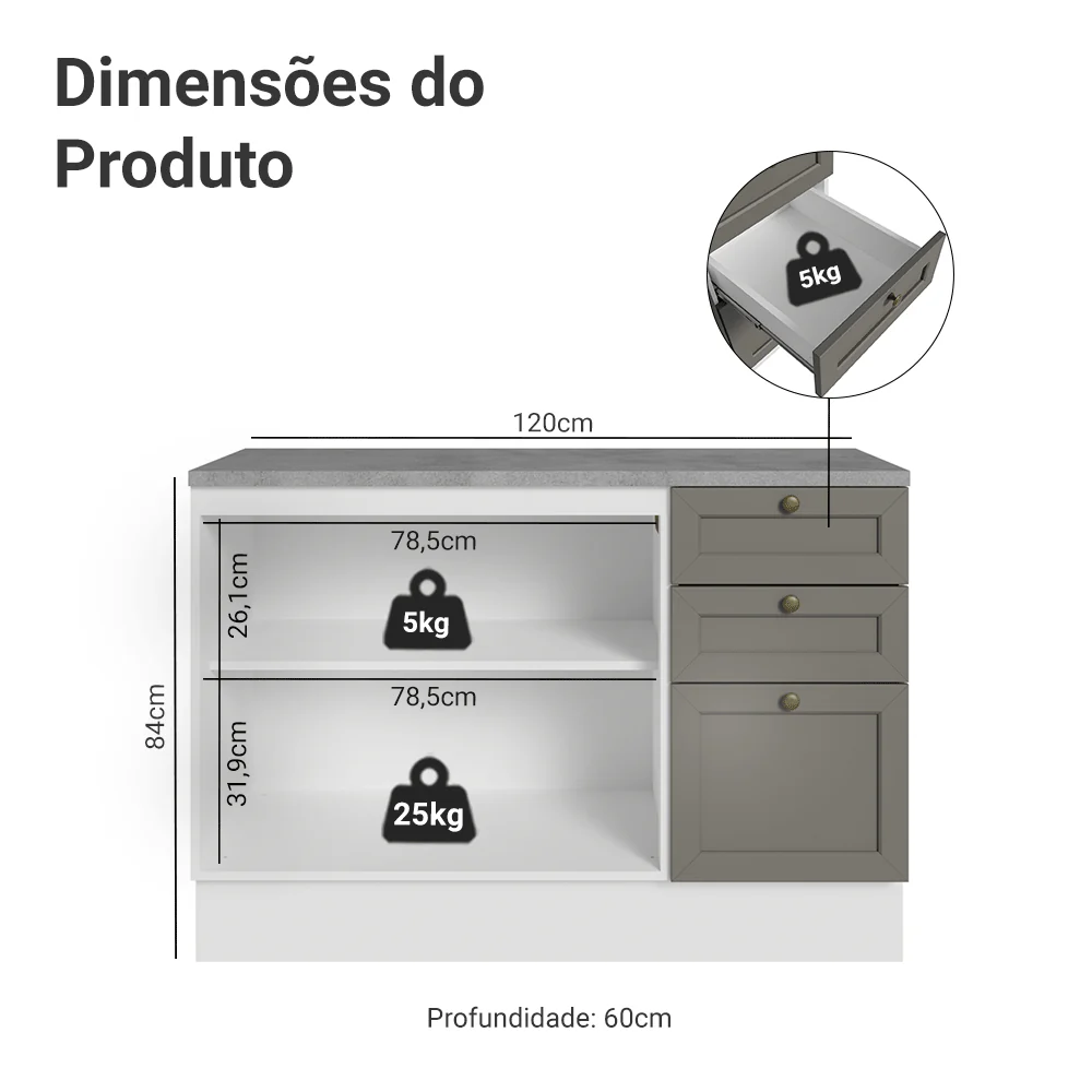 Balcão de Cozinha 120 x 60 cm 2 Portas 3 Gavetas (Com Tampo) Branco/Cinza Vik Madesa - Image 2