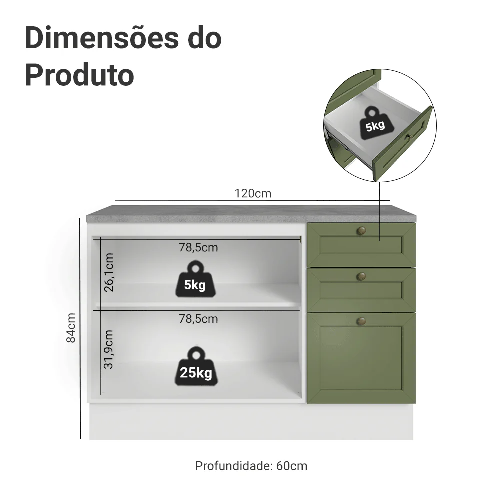 Balcão de Cozinha 120 x 60 cm 2 Portas 3 Gavetas (Com Tampo) Branco/Verde Vik Madesa - Image 2