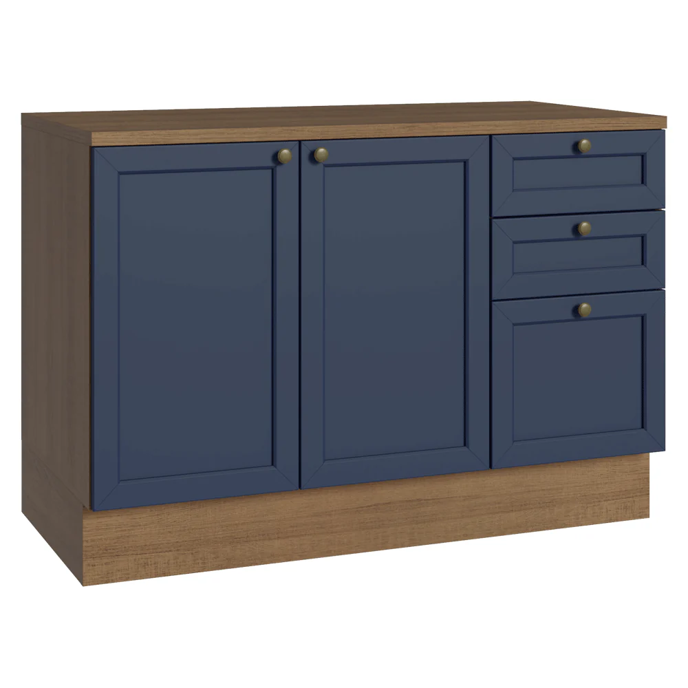 Balcão de Cozinha 120 x 60 cm 2 Portas 3 Gavetas (Com Tampo) Rustic/Azul Vik Madesa