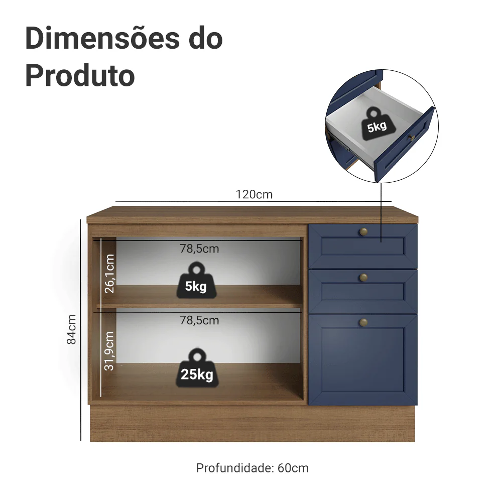 Balcão de Cozinha 120 x 60 cm 2 Portas 3 Gavetas (Com Tampo) Rustic/Azul Vik Madesa - Image 2