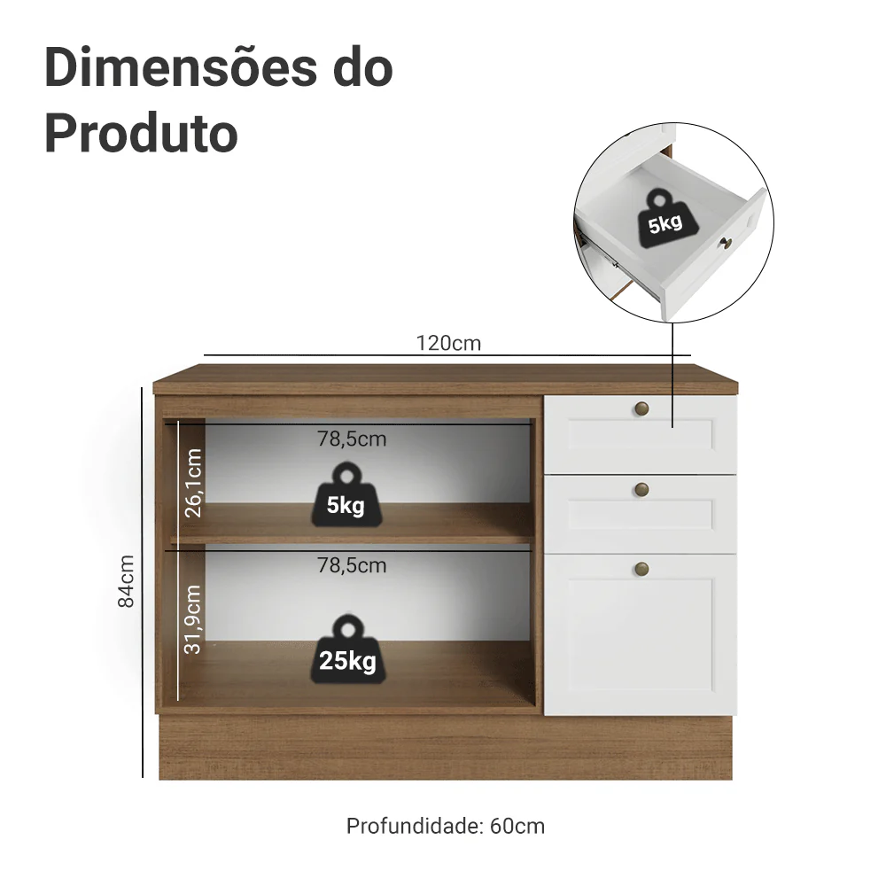 Balcão de Cozinha 120 x 60 cm 2 Portas 3 Gavetas (Com Tampo) Rustic/Branco Vik Madesa - Image 2