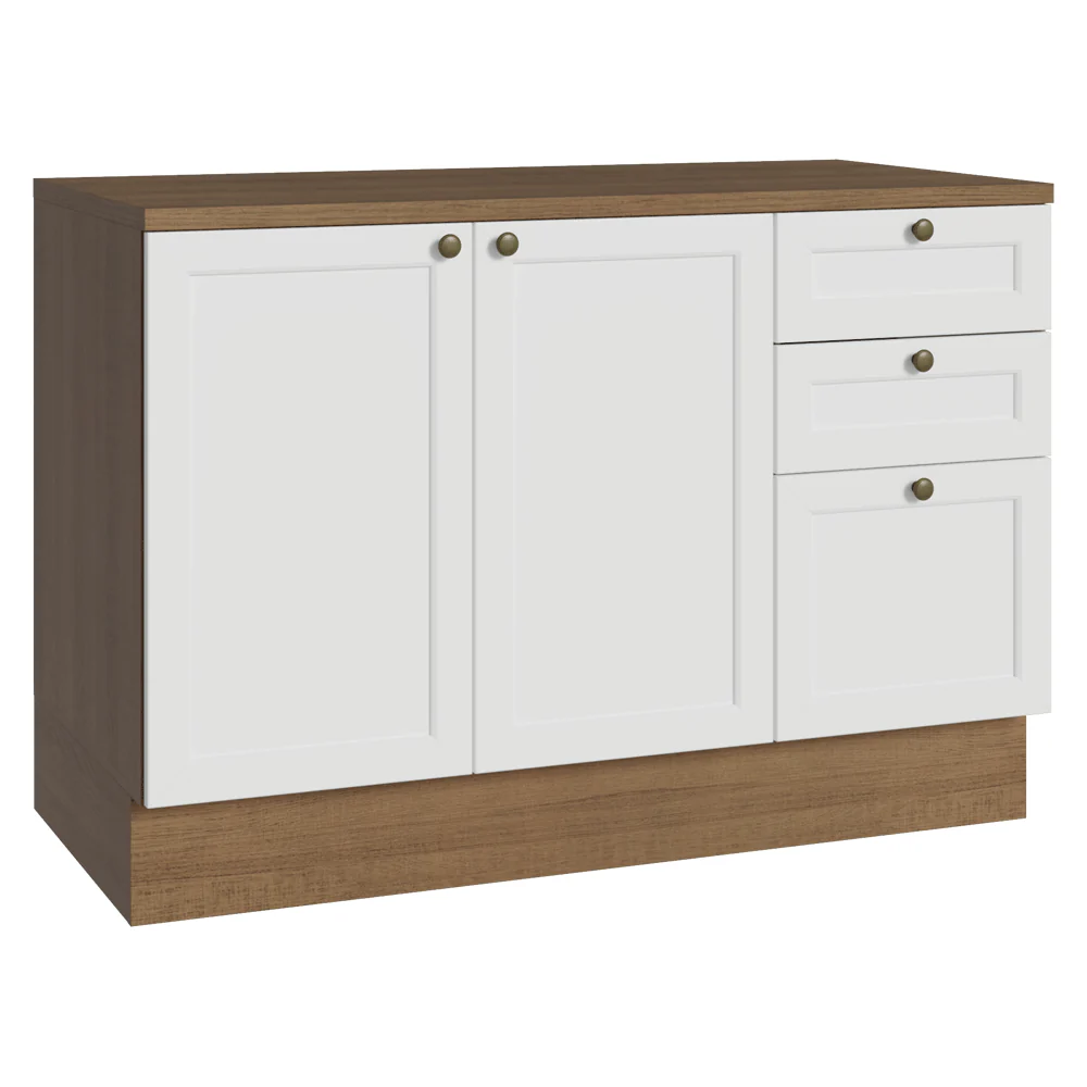 Balcão de Cozinha 120 cm 2 Portas 3 Gavetas Rustic/Branco Vik Madesa