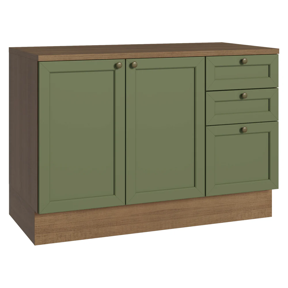 Balcão de Cozinha 120 cm 2 Portas 3 Gavetas Rustic/Verde Vik Madesa