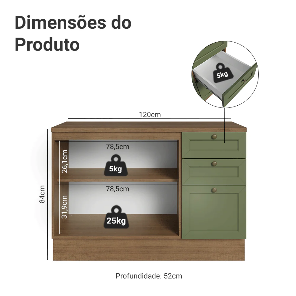 Balcão de Cozinha 120 cm 2 Portas 3 Gavetas Rustic/Verde Vik Madesa - Image 2