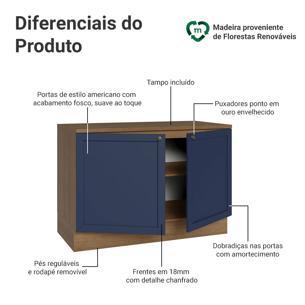 Balcão de Cozinha 120 cm 2 Portas Rustic/Azul Vik Madesa - Image 3