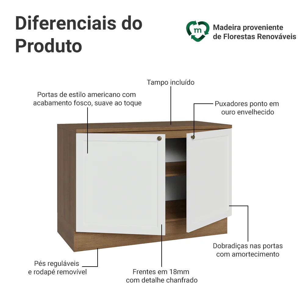 Balcão de Cozinha 120 cm 2 Portas Rustic/Branco Vik Madesa - Image 3