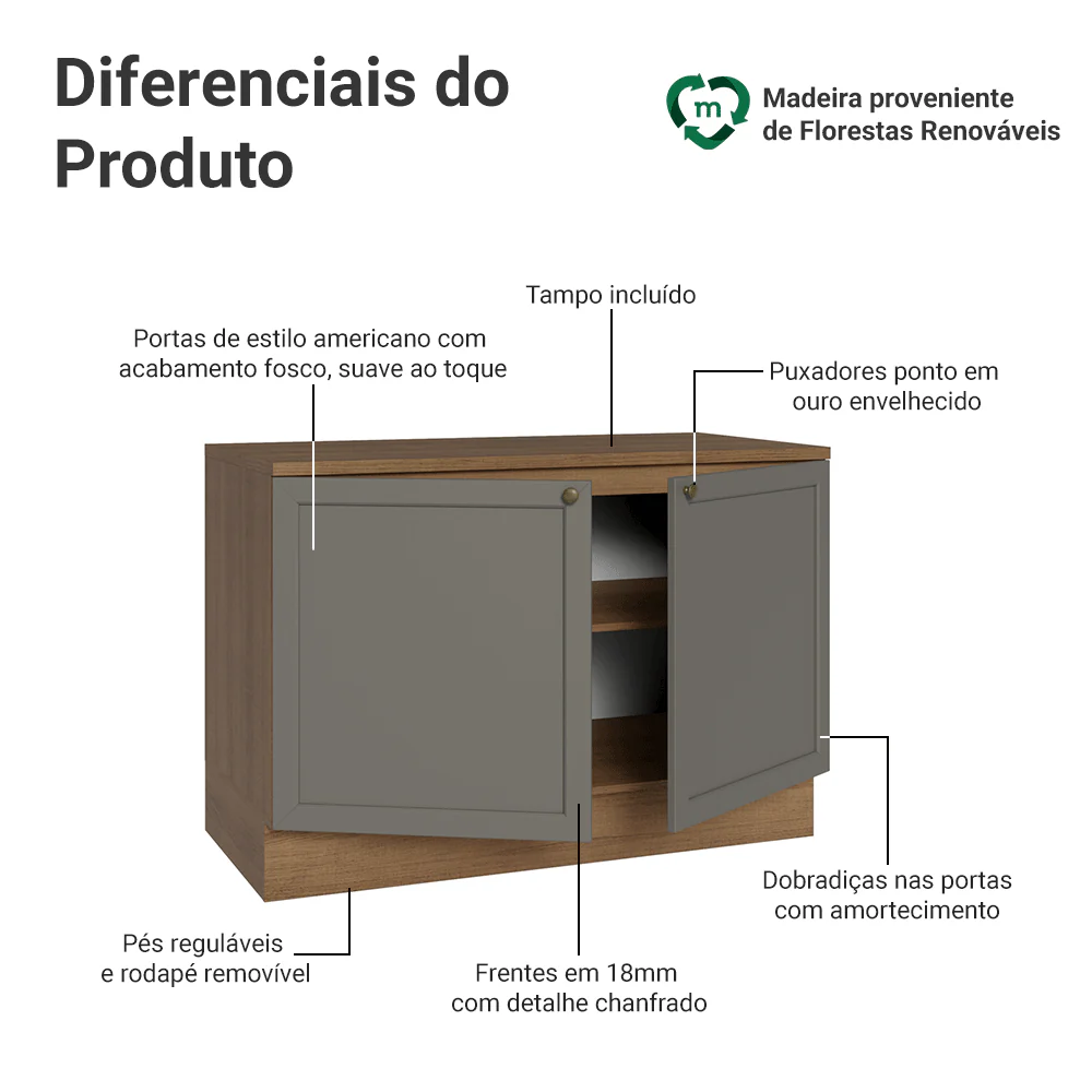 Balcão de Cozinha 120 cm 2 Portas Rustic/Cinza Vik Madesa - Image 3