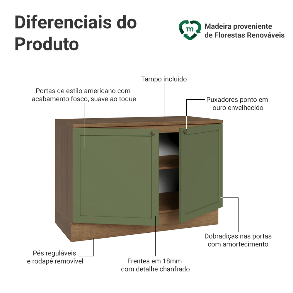 Balcão de Cozinha 120 cm 2 Portas Rustic/Verde Vik Madesa - Image 3
