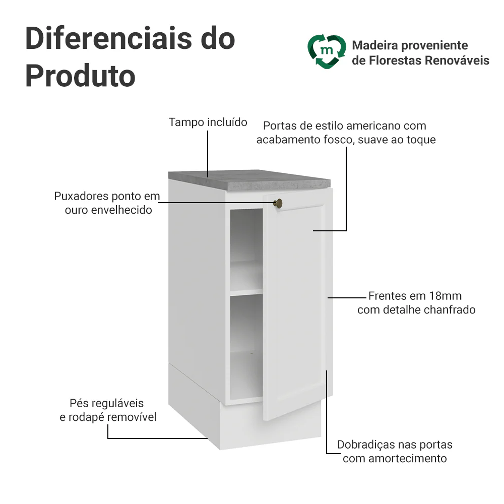 Balcão de Cozinha 35 x 60 cm 1 Porta (Com Tampo) Branco Vik Madesa - Image 3