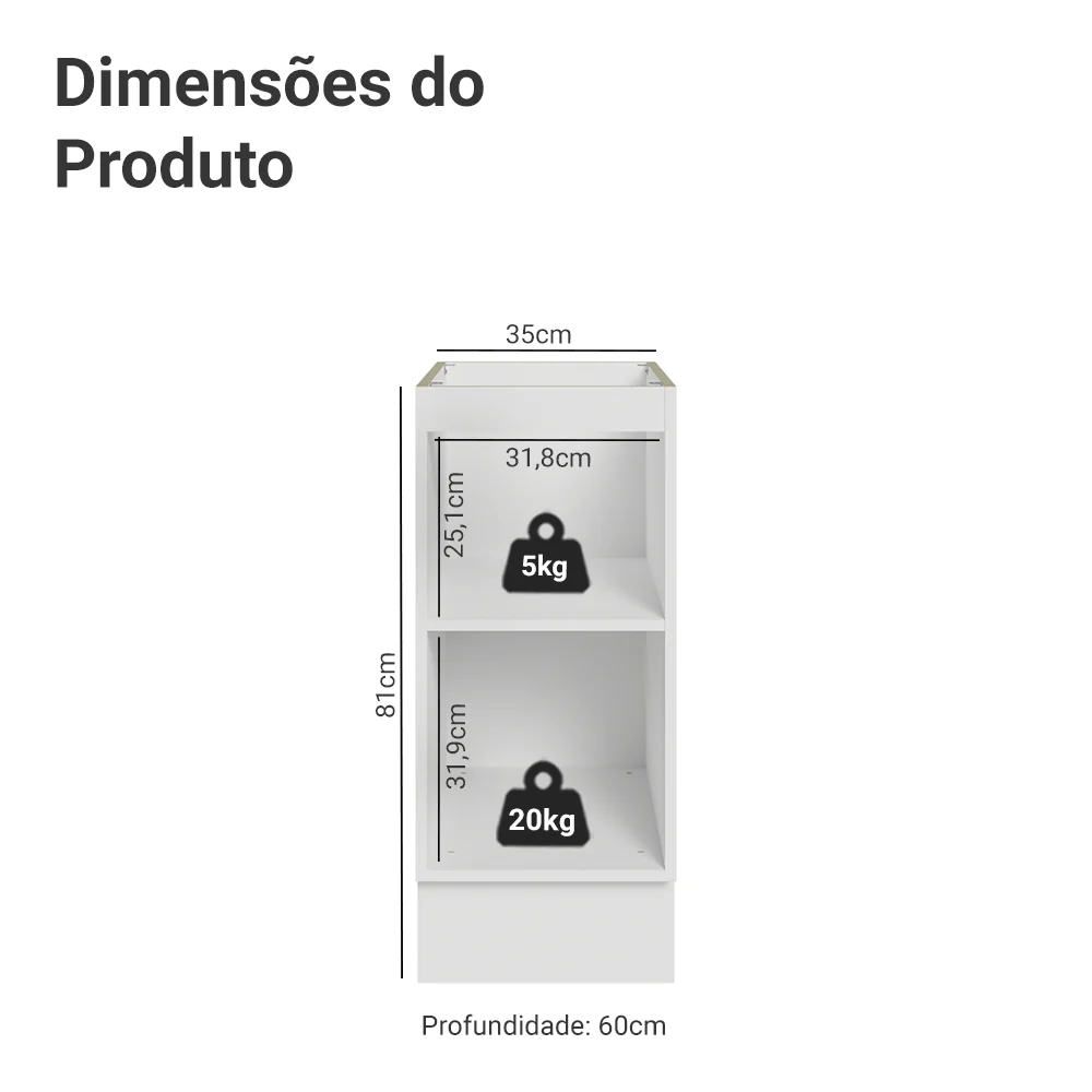 Balcão de Cozinha 35 x 60 cm 1 Porta (Sem Tampo) Branco/Azul Vik Madesa - Image 2