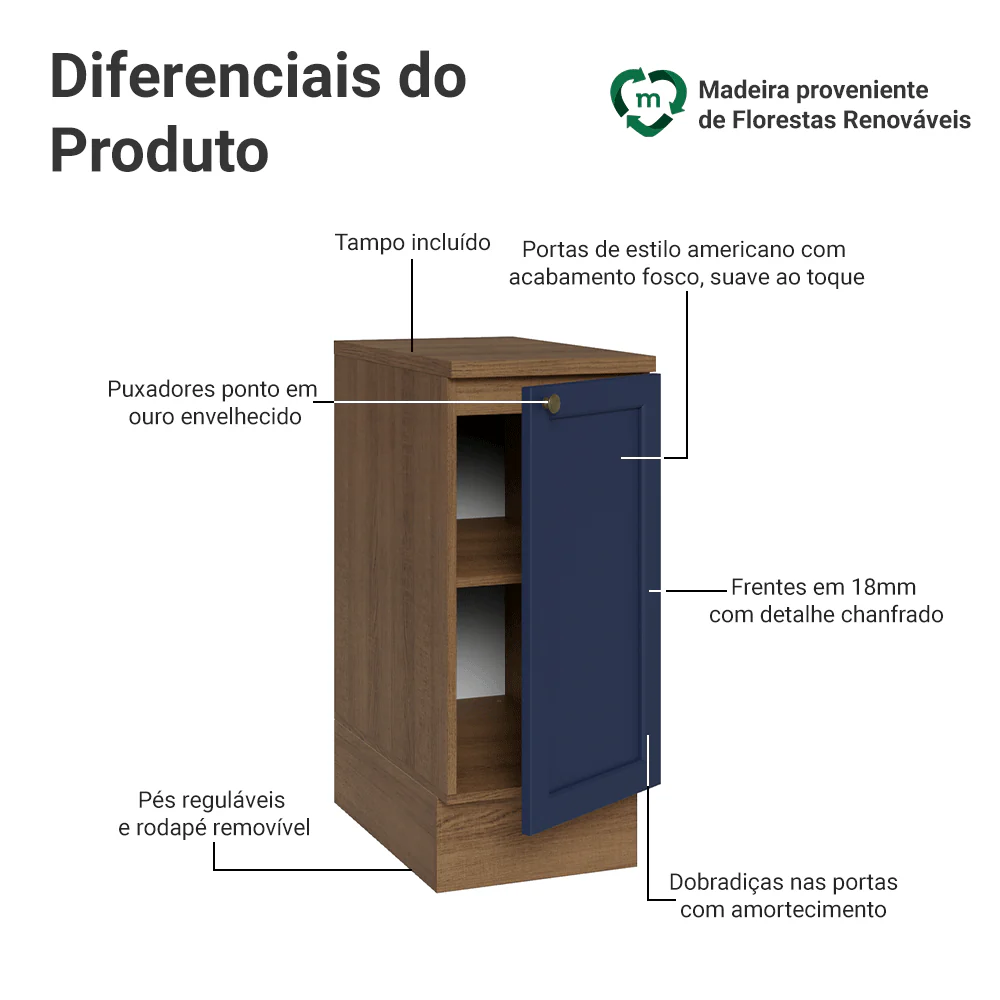 Balcão de Cozinha 35 cm 1 Porta Rustic/Azul Vik Madesa - Image 3