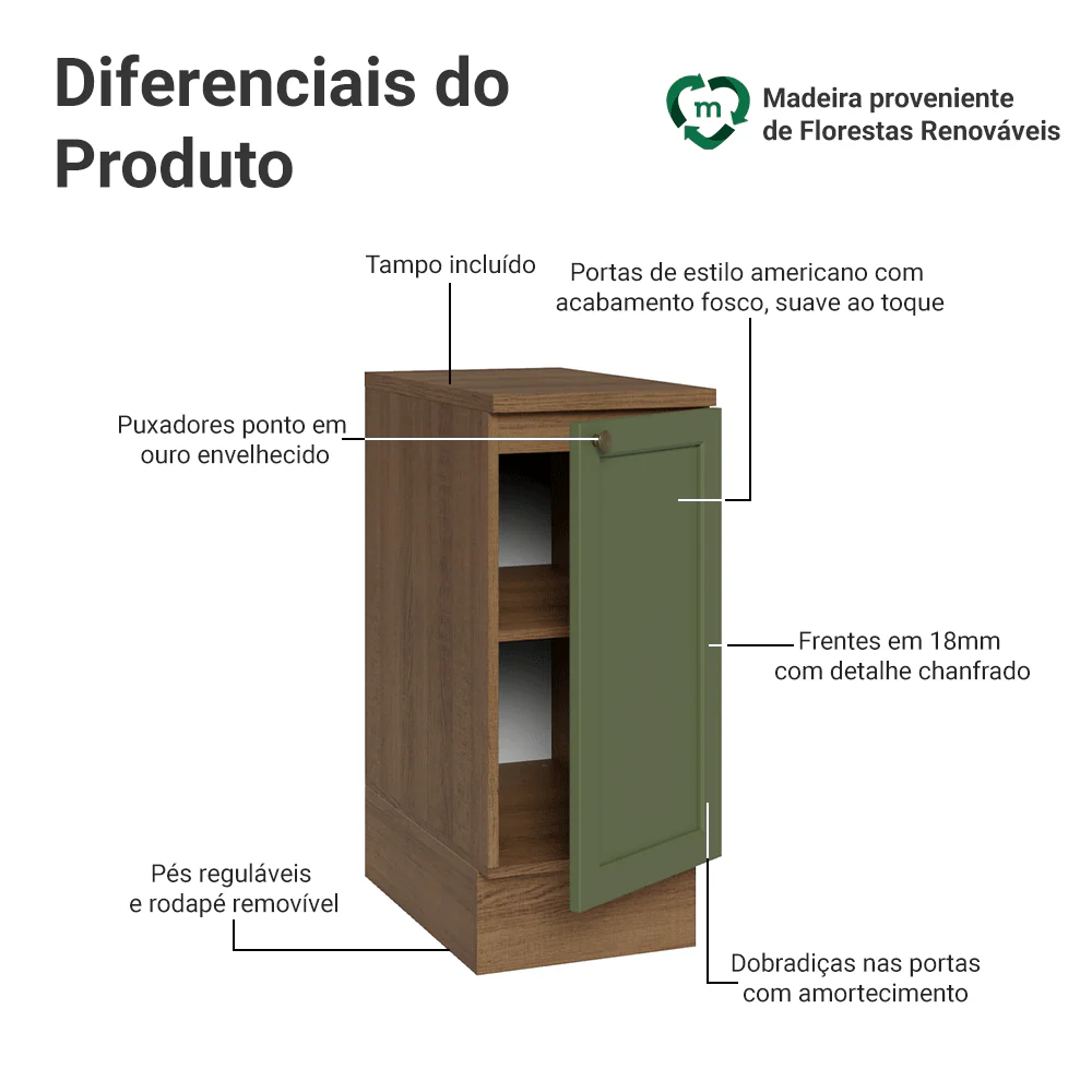 Balcão de Cozinha 35 cm 1 Porta Rustic/Verde Vik Madesa - Image 3
