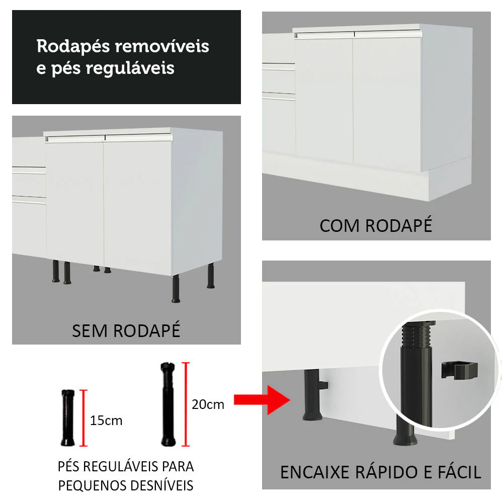 Balcão Cozinha 40 x 60 cm 3 Gavetas (Sem Tampo) Branco Glamy Madesa - Image 8