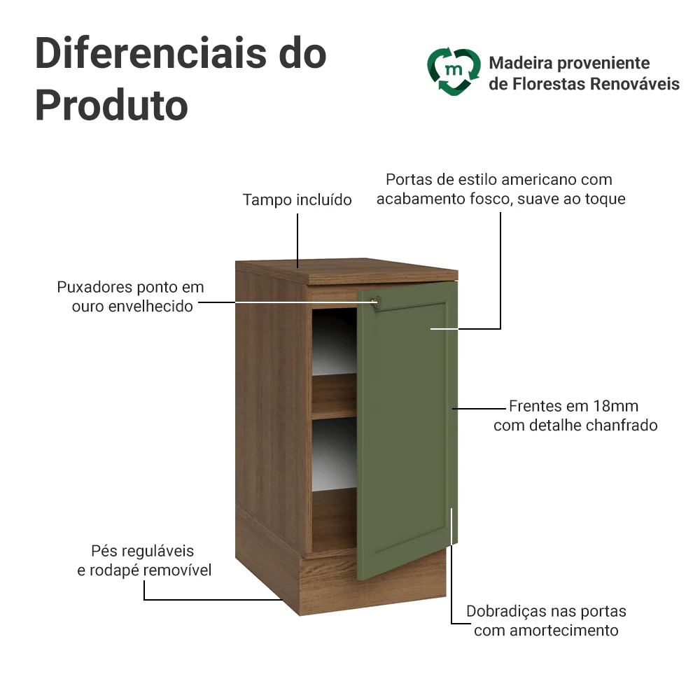 Balcão de Cozinha 40 x 60 cm 1 Porta (Com Tampo) Rustic/Verde Vik Madesa - Image 3