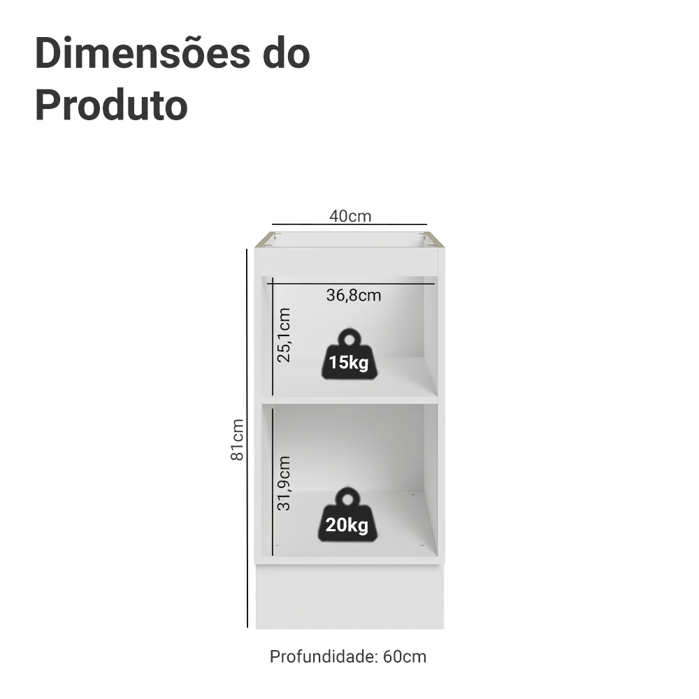 Balcão de Cozinha 40 x 60 cm 1 Porta (Sem Tampo) Branco/Azul Vik Madesa - Image 2