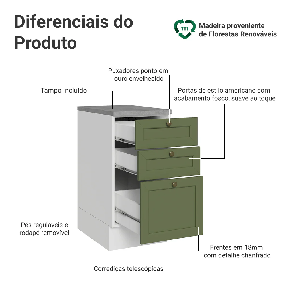 Balcão de Cozinha 40 x 60 cm 3 Gavetas (Com Tampo) Branco/Verde Vik Madesa - Image 3