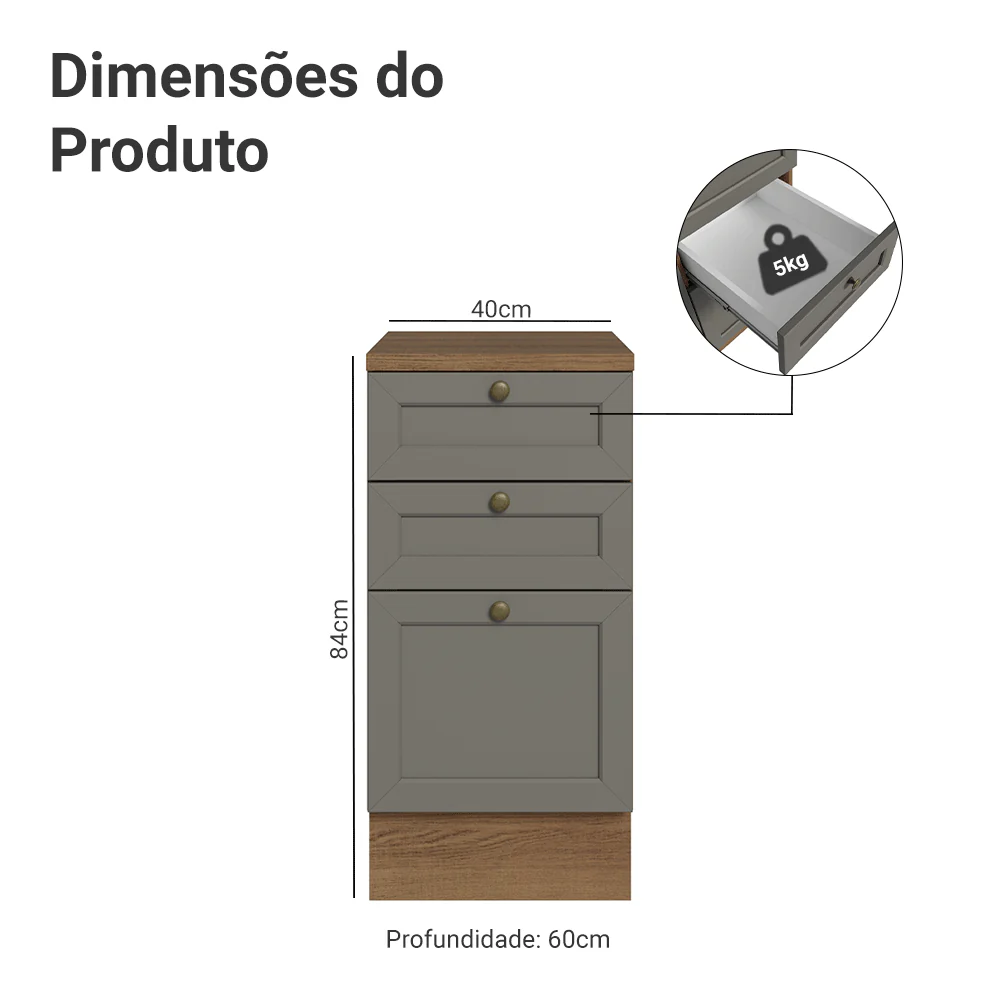Balcão de Cozinha 40 x 60 cm 3 Gavetas (Com Tampo) Rustic/Cinza Vik Madesa - Image 2