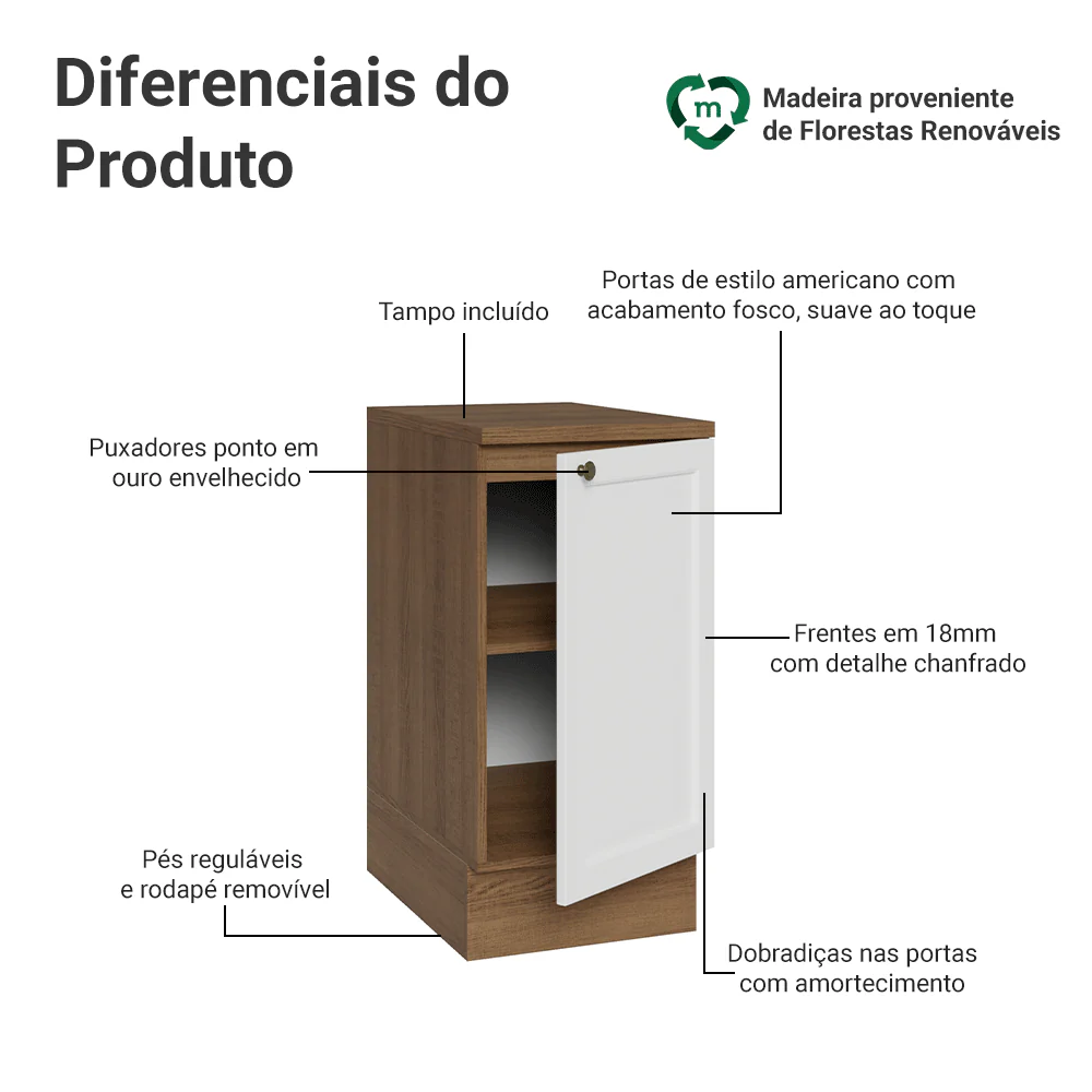 Balcão de Cozinha 40 cm 1 Porta Rustic/Branco Vik Madesa - Image 3