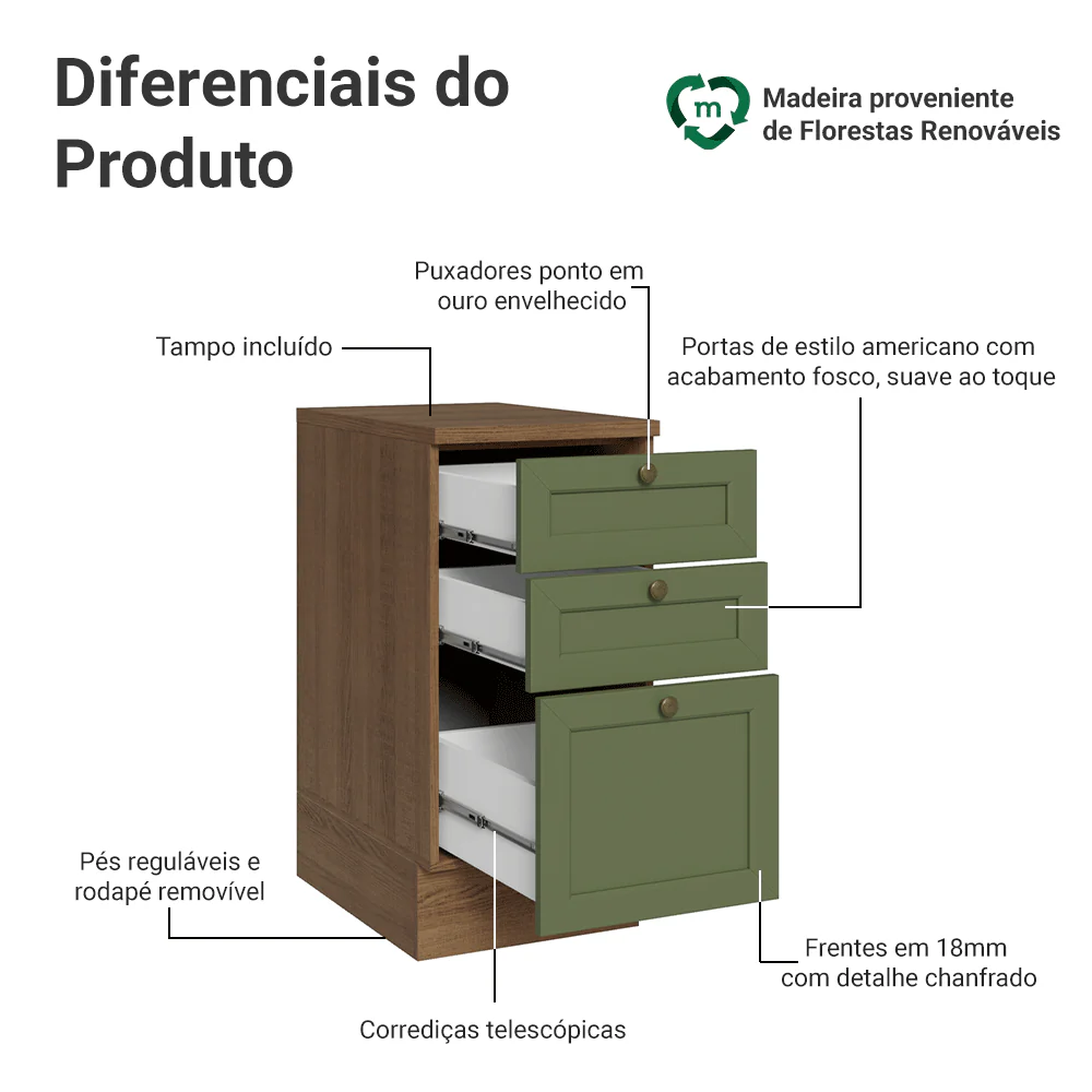 Balcão de Cozinha 40 cm 3 Gavetas Rustic/Verde Vik Madesa - Image 3