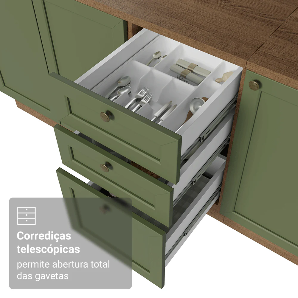 Balcão de Cozinha 40 cm 3 Gavetas Rustic/Verde Vik Madesa - Image 7