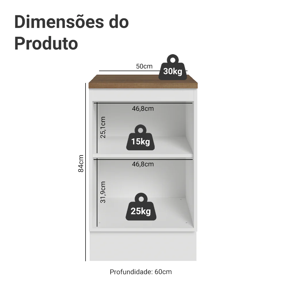 Balcão de Cozinha 50 x 60cm 1 Porta Branco Tampo Rustic Vik Madesa - Image 2
