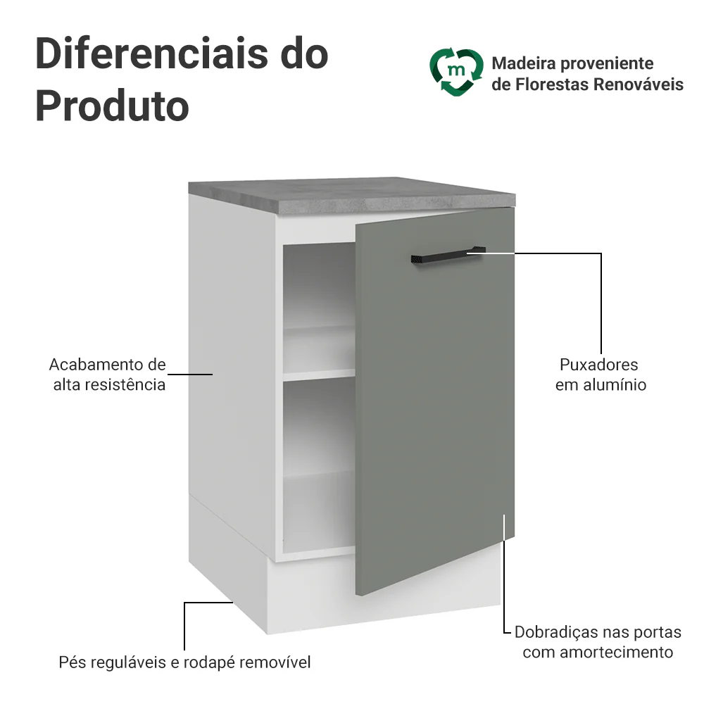 Balcão de Cozinha 50 x 60cm 1 Porta (Com Tampo) Branco/Cinza Agata Madesa - Image 3