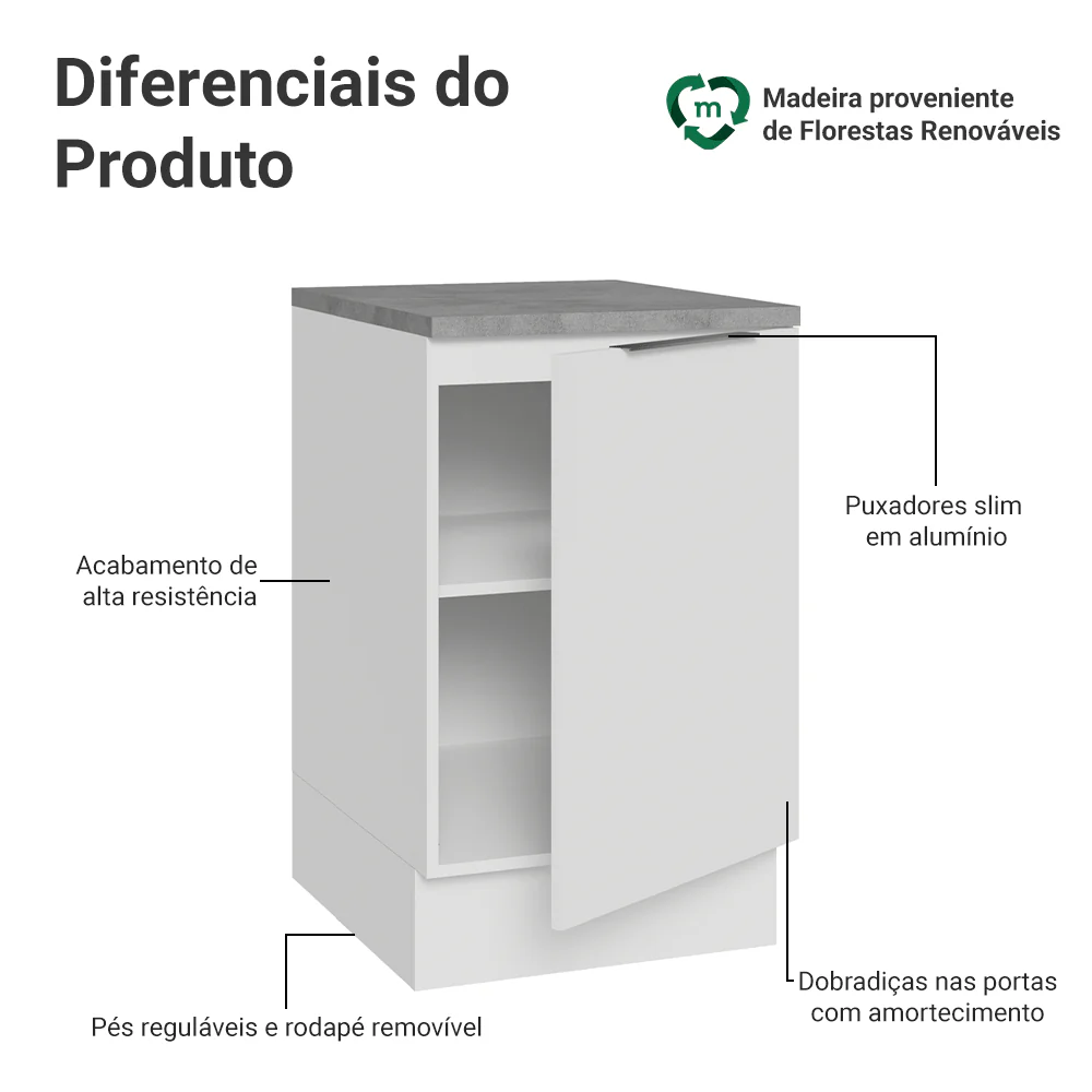 Balcão de Cozinha 50 x 60cm 1 Porta (Com Tampo) Branco Stella Madesa - Image 3