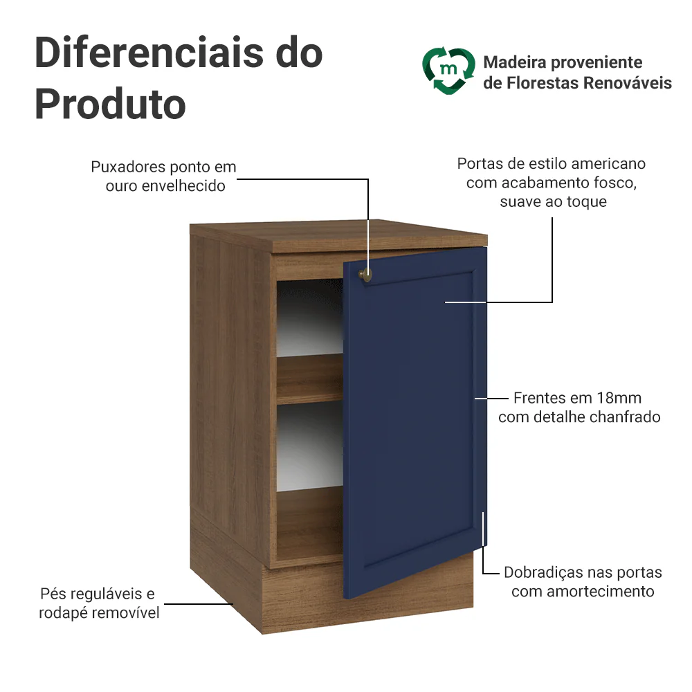 Balcão de Cozinha 50 x 60cm 1 Porta (Com Tampo) Rustic/Azul Vik Madesa - Image 3