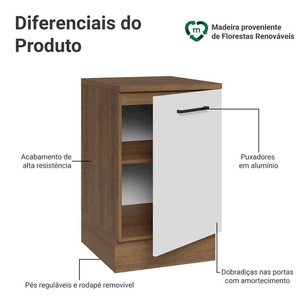 Balcão de Cozinha 50 x 60cm 1 Porta (Com Tampo) Rustic/Branco Agata Madesa - Image 3