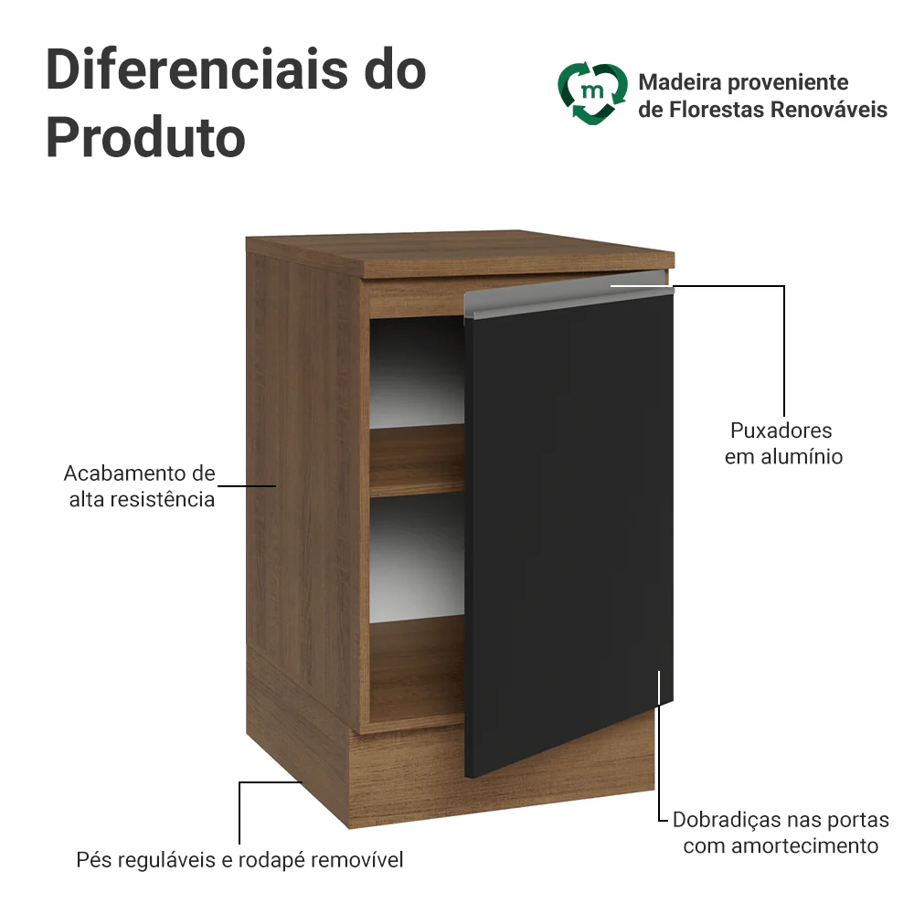 Balcão de Cozinha 50 x 60cm 1 Porta (Com Tampo) Rustic/Preto Glamy Madesa - Image 3