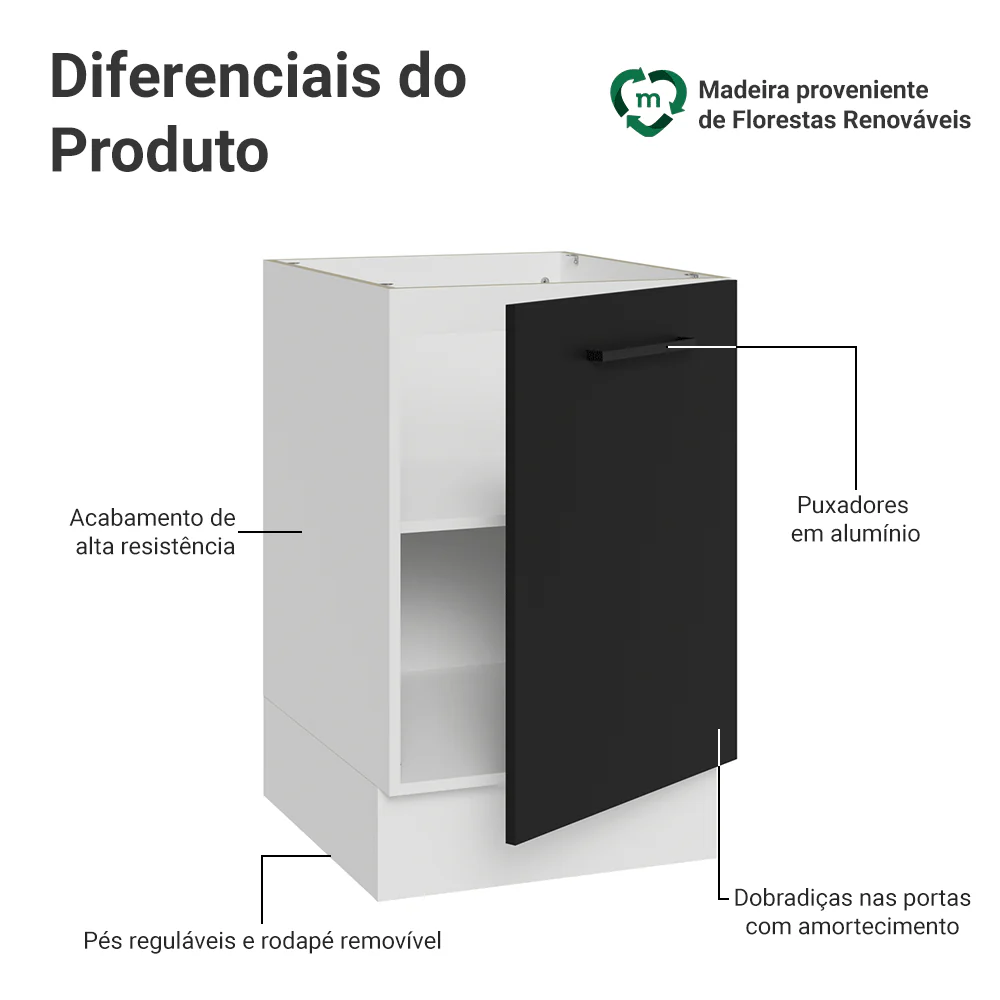 Balcão de Cozinha 50 x 60cm 1 Porta (Sem Tampo) Branco/Preto Agata Madesa - Image 3