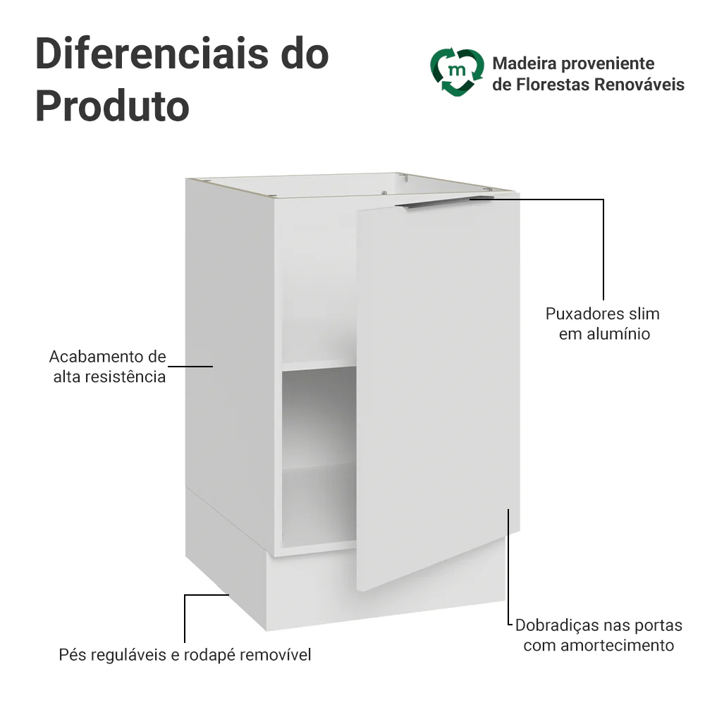 Balcão de Cozinha 50 x 60cm 1 Porta (Sem Tampo) Branco Stella Madesa - Image 3