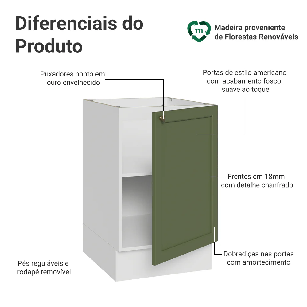 Balcão de Cozinha 50 x 60cm 1 Porta (Sem Tampo) Branco/Verde Vik Madesa - Image 3