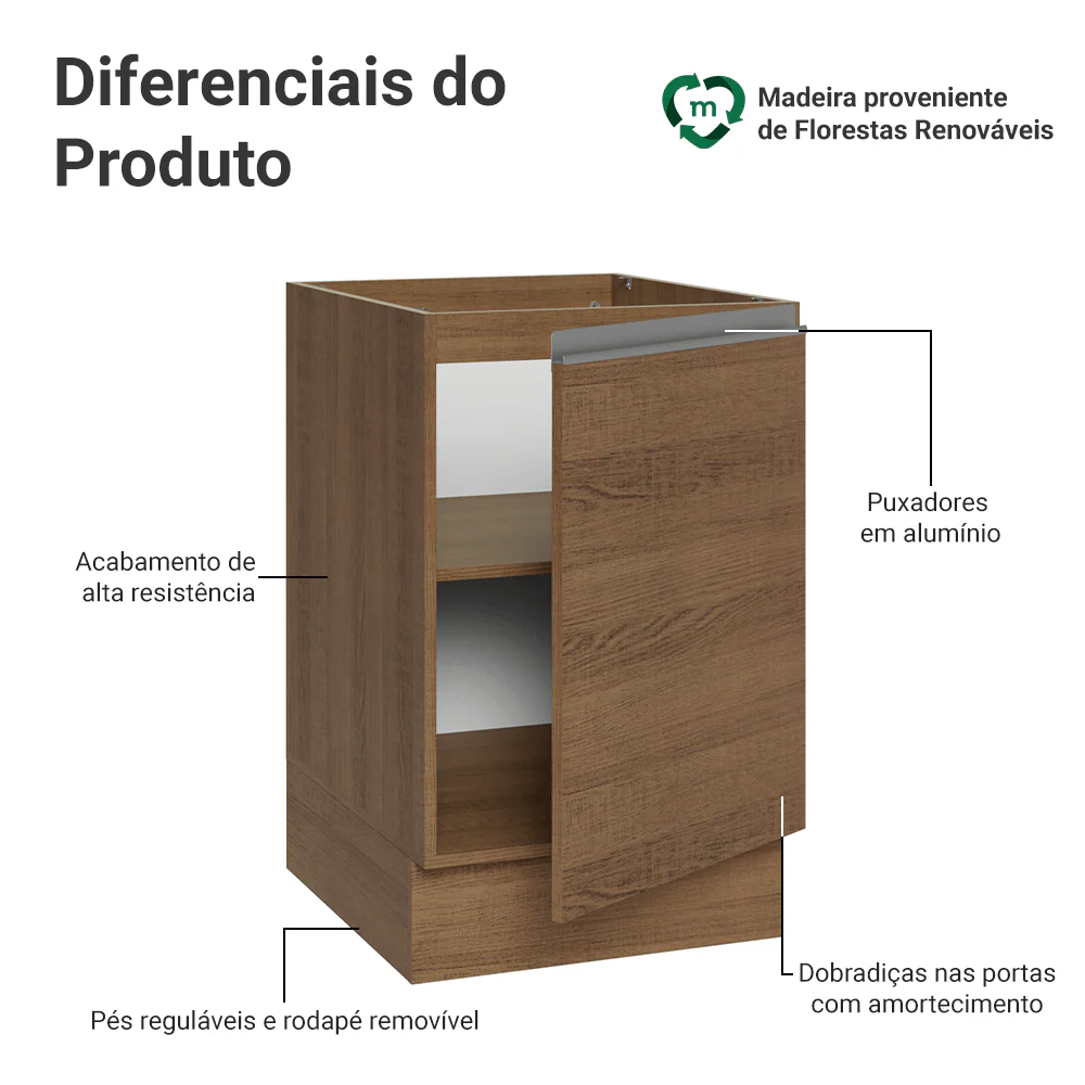 Balcão de Cozinha 50 x 60cm 1 Porta (Sem Tampo) Rustic Glamy Madesa - Image 3
