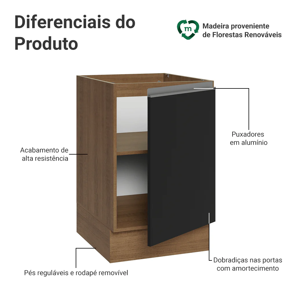 Balcão de Cozinha 50 x 60cm 1 Porta (Sem Tampo) Rustic/Preto Glamy Madesa - Image 3