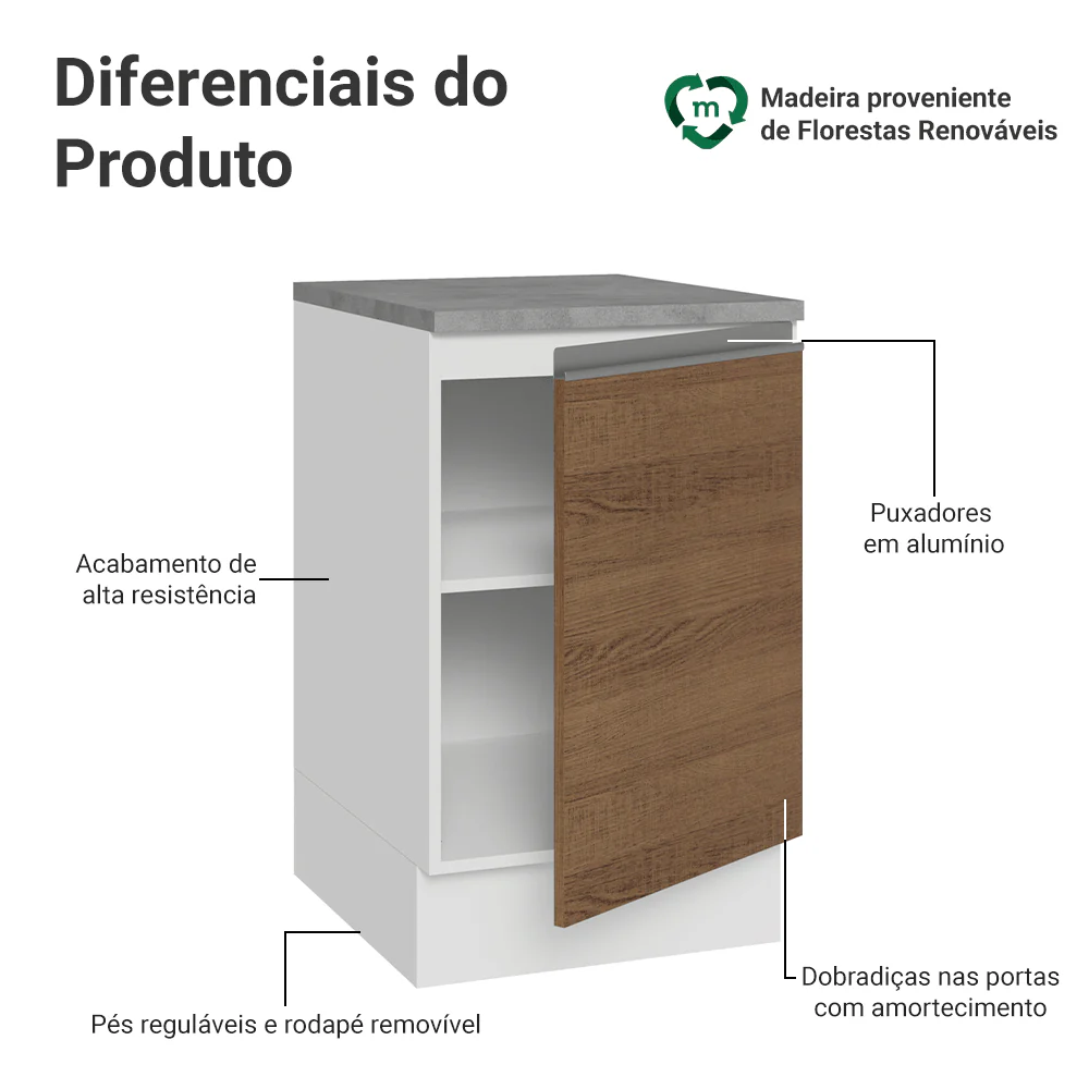 Balcão de Cozinha 50cm 1 Porta Branco/Rustic Glamy Madesa - Image 3