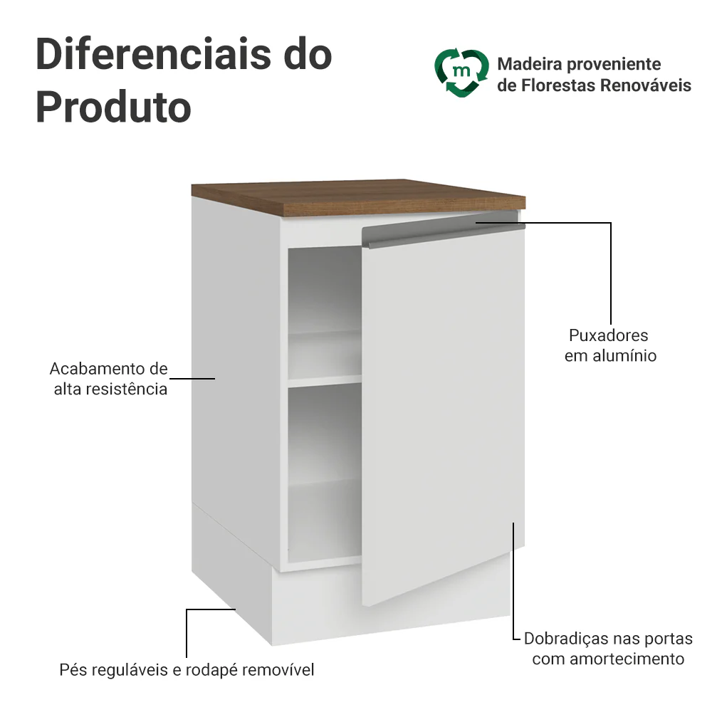 Balcão de Cozinha 50cm 1 Porta Branco Tampo Rustic Glamy Madesa - Image 3