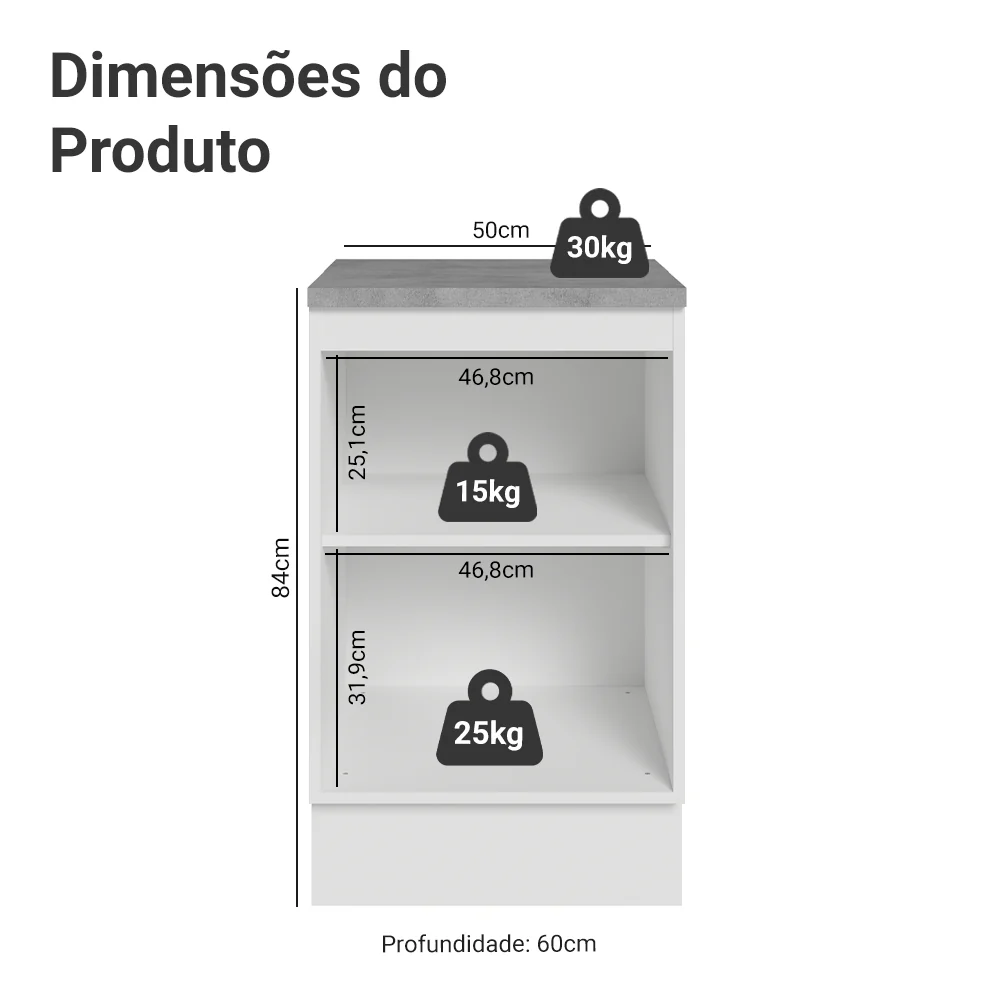 Balcão de Cozinha 50 x 60 cm 1 Porta (Com Tampo) Branco/Cinza Lux Madesa - Image 2