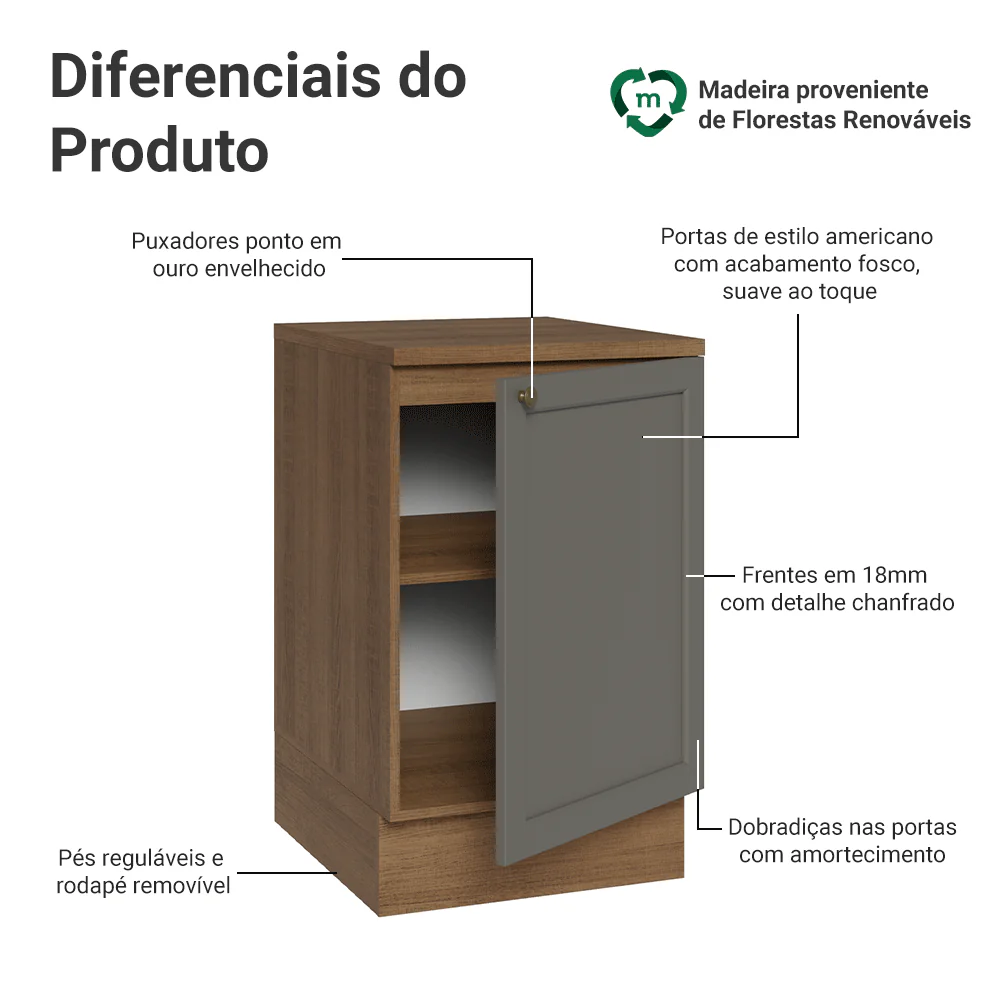 Balcão de Cozinha 50cm 1 Porta Rustic/Cinza Vik Madesa - Image 3