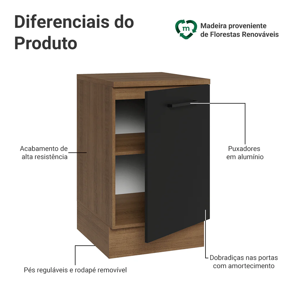 Balcão de Cozinha 50cm 1 Porta Rustic/Preto Agata Madesa - Image 3