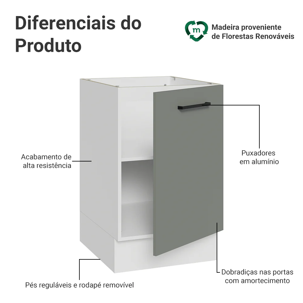 Balcão de Cozinha 50cm 1 Porta (Sem Tampo) Branco/Cinza Agata Madesa - Image 3