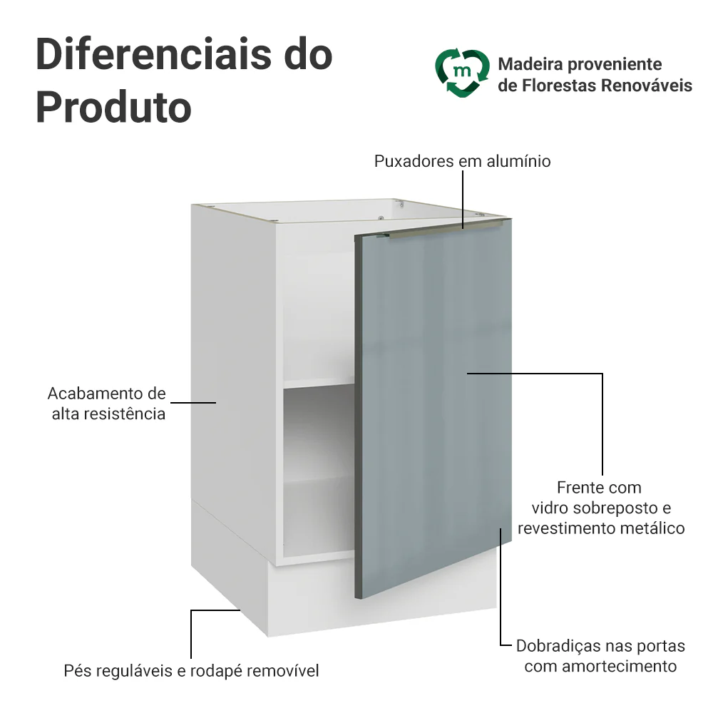 Balcão de Cozinha 50 x 60 cm 1 Porta (Sem Tampo) Branco/Cinza Lux Madesa - Image 3