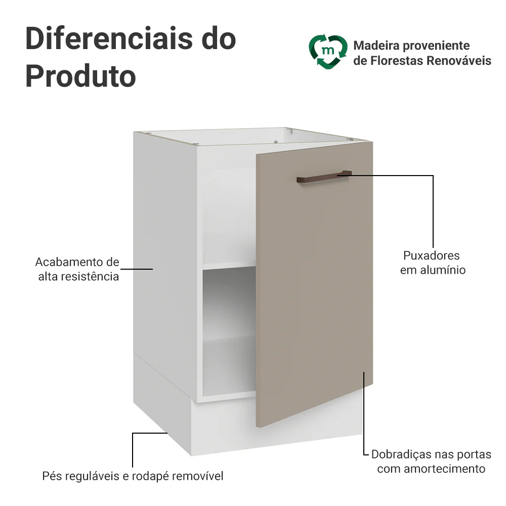 Balcão de Cozinha 50cm 1 Porta (Sem Tampo) Branco/Crema Agata Madesa - Image 3
