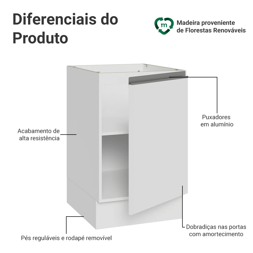 Balcão de Cozinha 50cm 1 Porta (Sem Tampo) Branco Glamy Madesa - Image 3