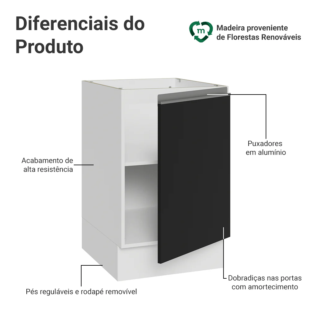 Balcão de Cozinha 50cm 1 Porta (Sem Tampo) Branco/Preto Glamy Madesa - Image 3